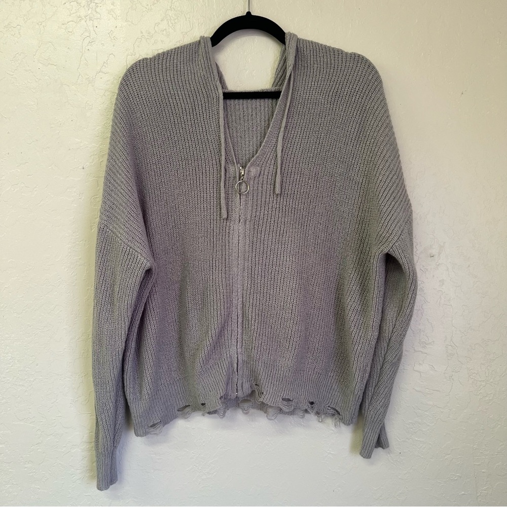Gray Drop Shoulder Dolman Sleeve Distressed Edge Zip Up Hoodie Cardigan Sz M EUC